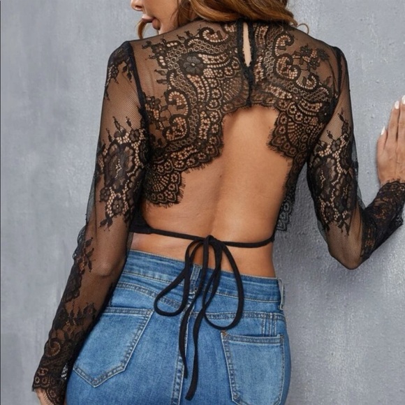 Boho Lace Sheer Mesh Tie Back Long Sleeves Crop Top - Picture 4 of 8